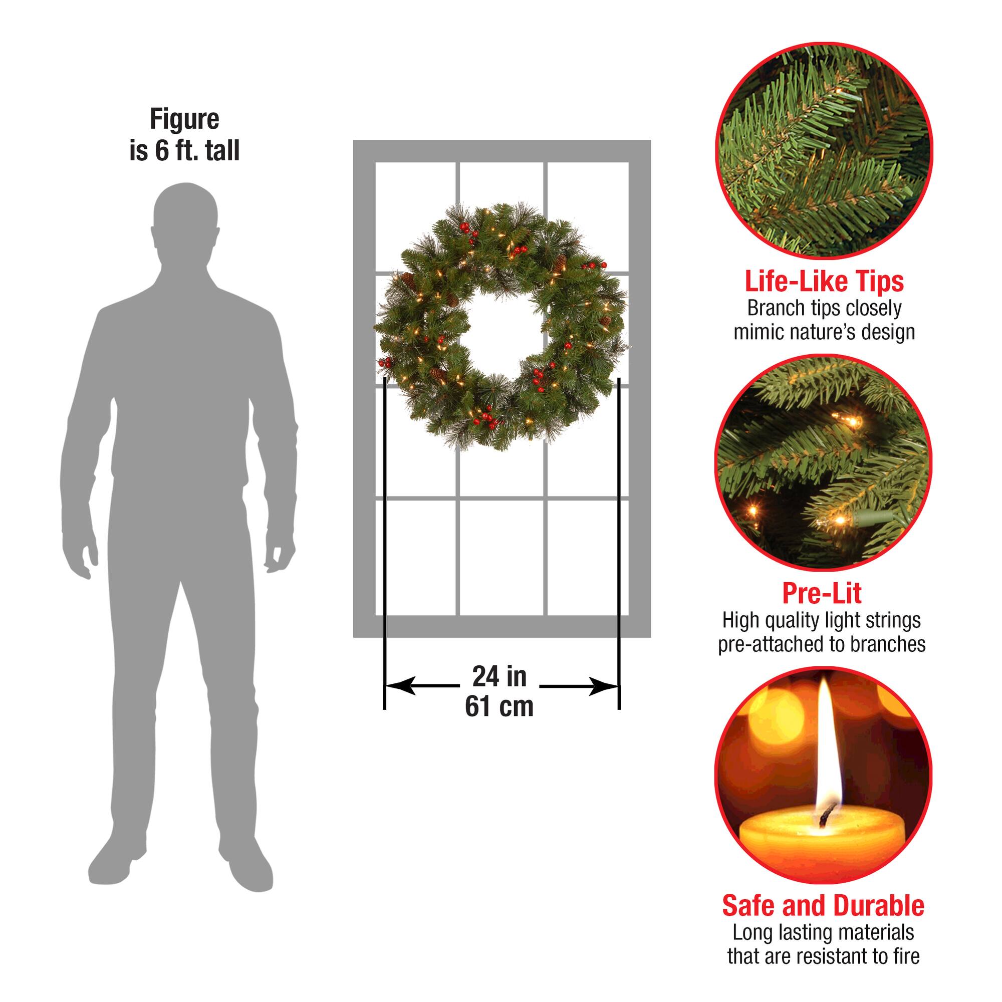 24" Crestwood® Spruce Wreath with Silver Bristle, Pine Cones, Red Berries & Glitter with Warm White LED Lights
